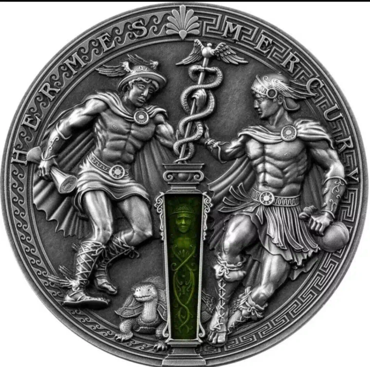 Silver Coin Hermes & Mercury 2 oz Antique Finish 5$ Niue 2022