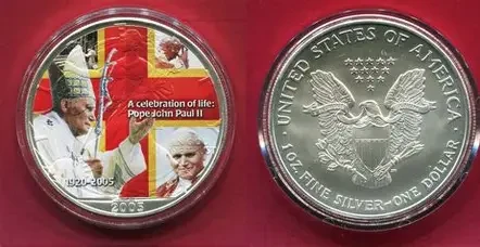 2005 America Silver Eagle $1 Colorized Enhanced Pope John Paul II Silver Coin - 1oz
