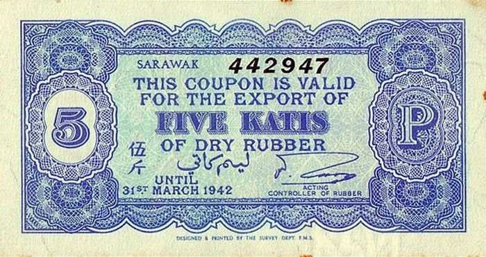 1942 Sarawak Rubber Export Coupon 5 Katis physical Other Collectibles 