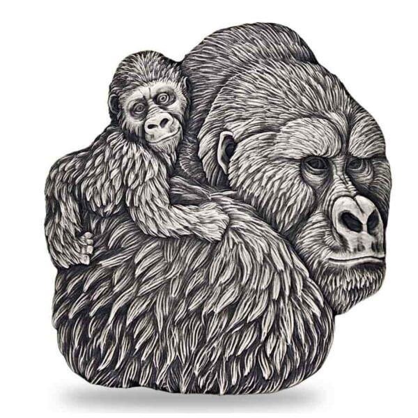 2023 - 1 Oz Silver Coin Chad 5000 CFA Gorilla & Child Shaped Antiqued High Relief