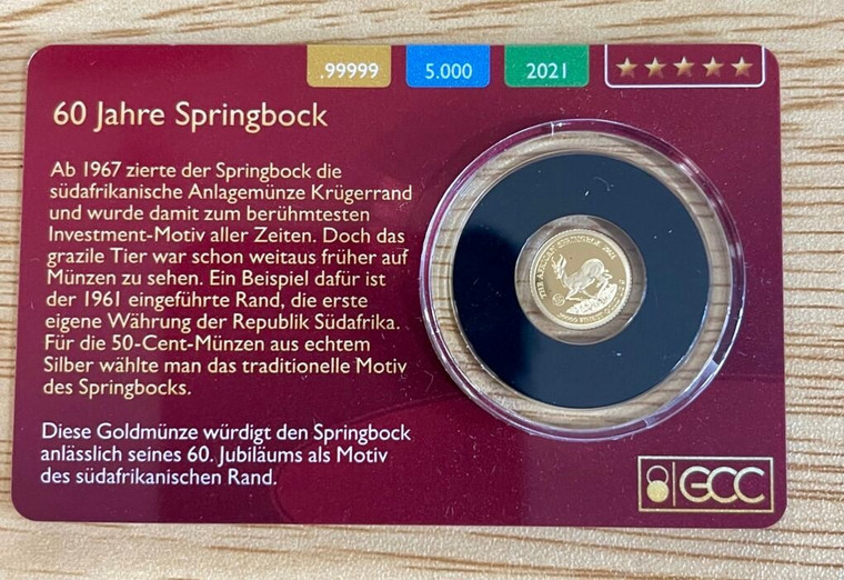 2021 - Gold Coin Card - Gabon 1000 Francs Gold PP 60 Years Springbock