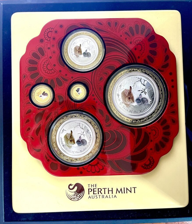2011 year of the rabbit gold coin and coloured silver coin