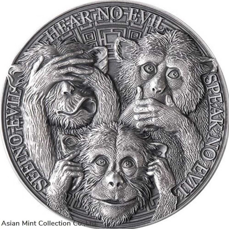 2022 - Three Wise Monkeys Life Quotes 1oz Coin 5 Cedis Republic of Ghana physical Themes & Pop Culture Mint XXI