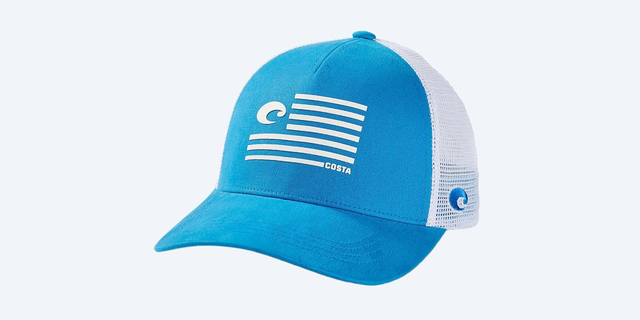 Costa Del Mar Shield Trucker In Costa Blue, Angle - Costa Del Mar Shield Trucker