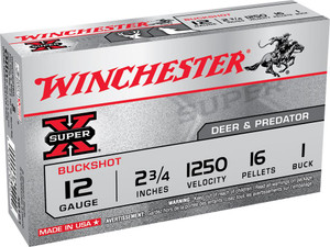 Winchester Super-X 12 Gauge - 2-3/4" - #1 Buckshot - 16 Pellets - 1250 FPS - 5 Rounds - 020892007093 Winchester Super-X 12 Gauge - 2-3/4" - #1 Buckshot - 16 Pellets - 1250 FPS - 5 Rounds - 020892007093