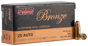 PMC Bronze 25 ACP - 50 Grain FMJ - 750 FPS - 50 Rounds - 741569070027