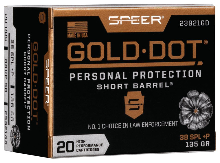 Speer Gold Dot Short Barrel Personal Protection 38 Special +P - 135 Grain GDHP - 860 FPS - 20 Rounds - 604544647372