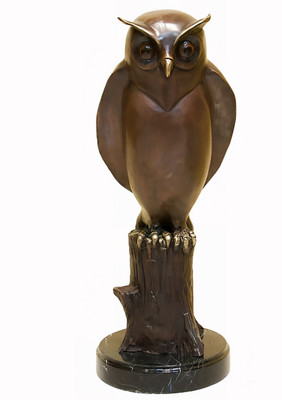 Owl, marble base, bronze tones, statue, sculpture