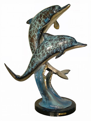 Swimming Dolphins - With Marble Base - Special Patina, Style NB