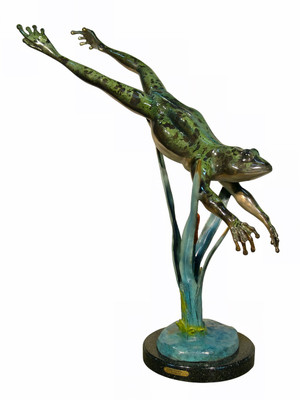 Diving Frog with Marble Base - Special Patina - Tabletop
