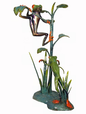 2 Frogs Climbing up a Plant - Special Patina - Tabletop