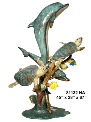 Dolphins & Two Sea Turtles Swimming, Special Patina, Style NA