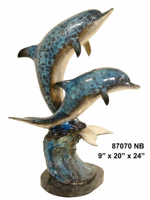 Dolphins Playing on a Wave - with Marble Base - Special Patina, Style NB