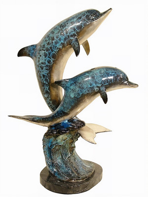 Bronze Dolphins Playing on a Wave - Style NB
