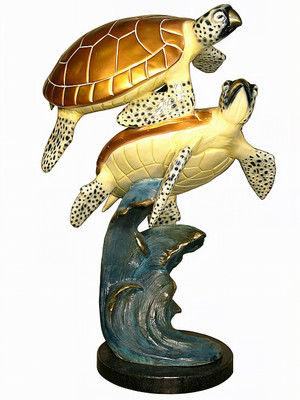 2 Sea Turtles Swimming - with Marble Base - Special Patina, Style NB