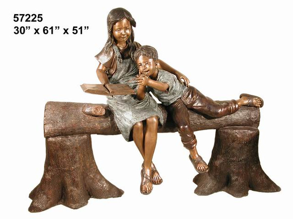 Young Boy & Girl Reading on a Log Bench