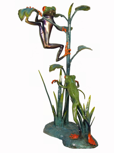 2 Frogs Climbing up a Plant - Special Patina - Tabletop
