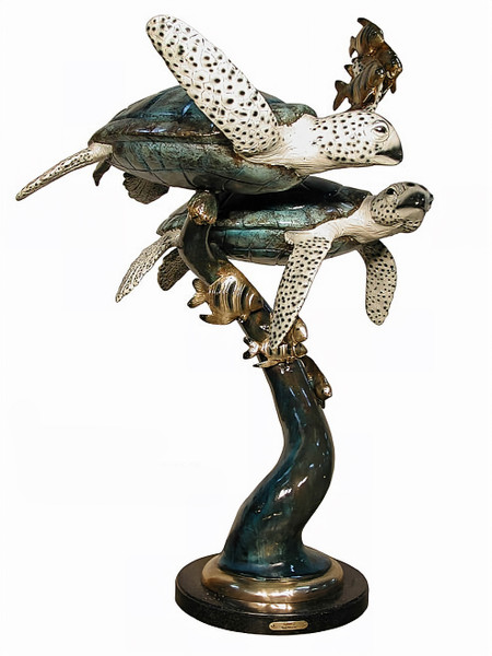 Sea Turtles Swimming with Fish - Special Patina, 50"