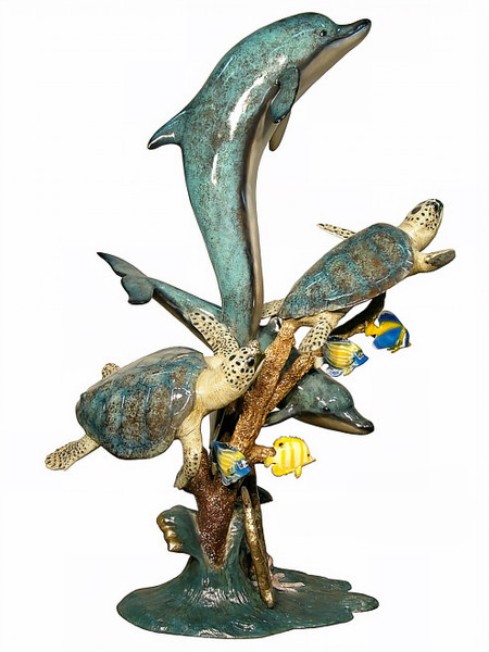 Dolphins & Two Sea Turtles Swimming, Special Patina, Style NA
