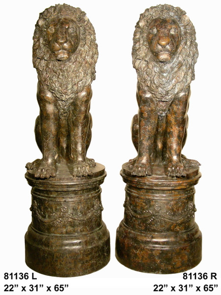 Bronze Lions on Pedestals, Left & Right Pair