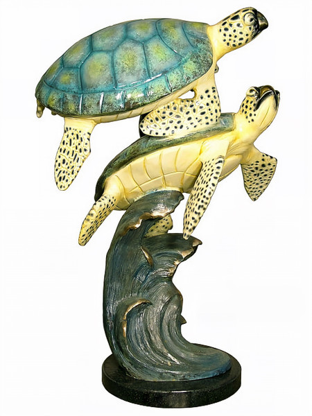 2 Sea Turtles Swimming - with Marble Base - Special Patina, Style NA