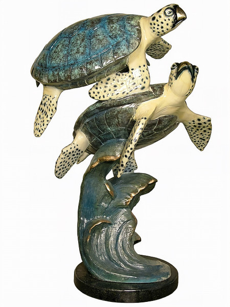 2 Sea Turtles Swimming - with Marble Base - Special Patina, Style NC