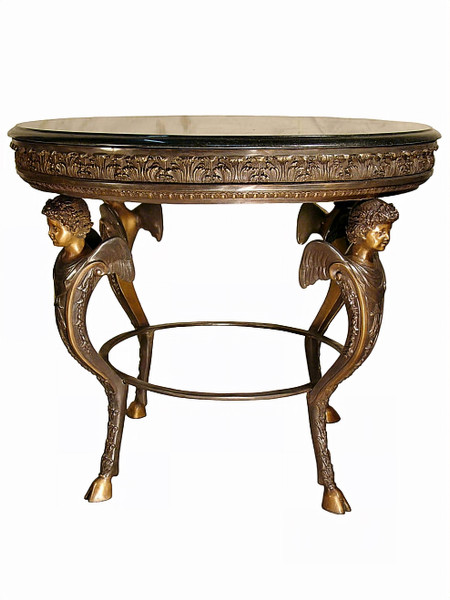 Round Accent Table with Granite Top - Ornate Design