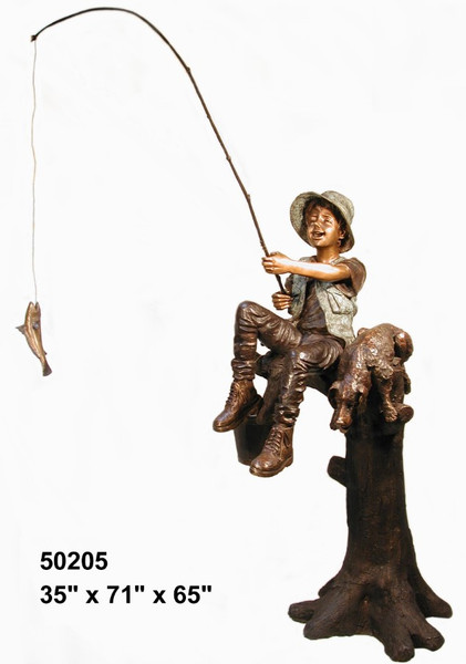 Boy Fishing from a Tree with His Dog