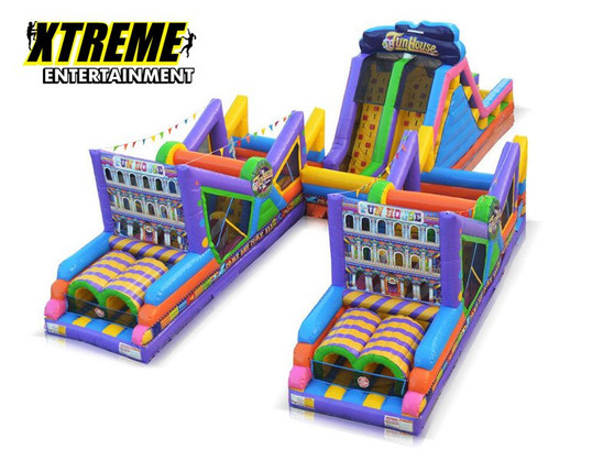 "Funhouse Super Obstacle Course with kids racing through colorful inflatable obstacles"