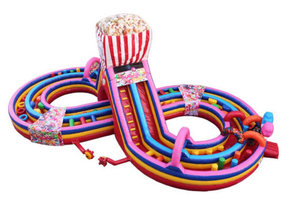 "Candy Run obstacle course with bright candy-colored obstacles for kids"