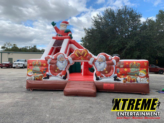 "Christmas playland with snowy slides and holiday decorations"