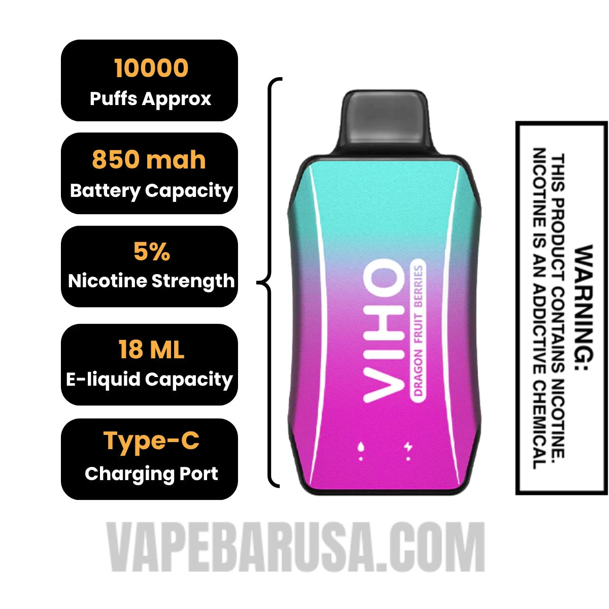 Dragon Fruit Berries VIHO Turbo Vape 10000 Puffs Specifications
