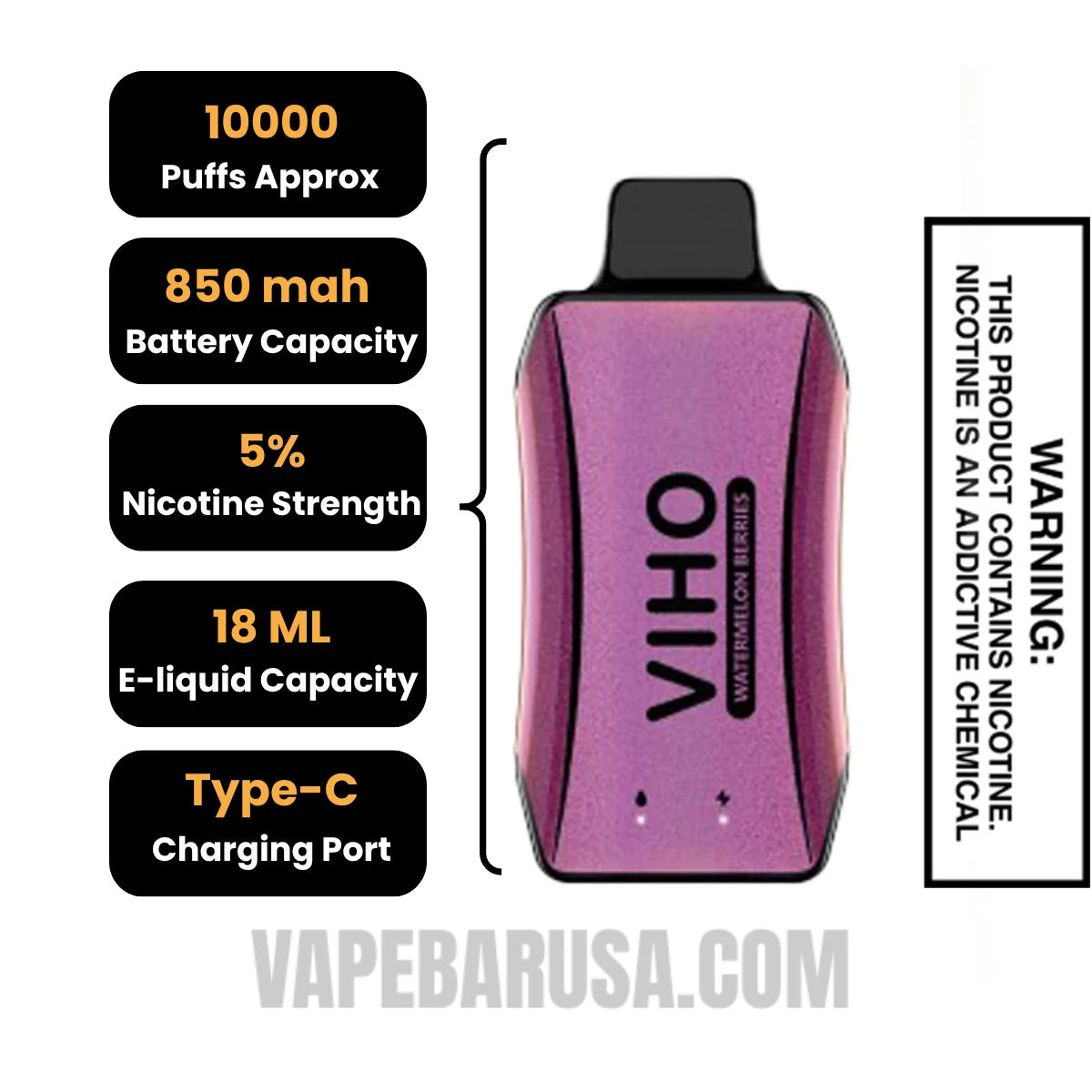 Watermelon Berries VIHO Turbo Vape 10000 Puffs Specifications