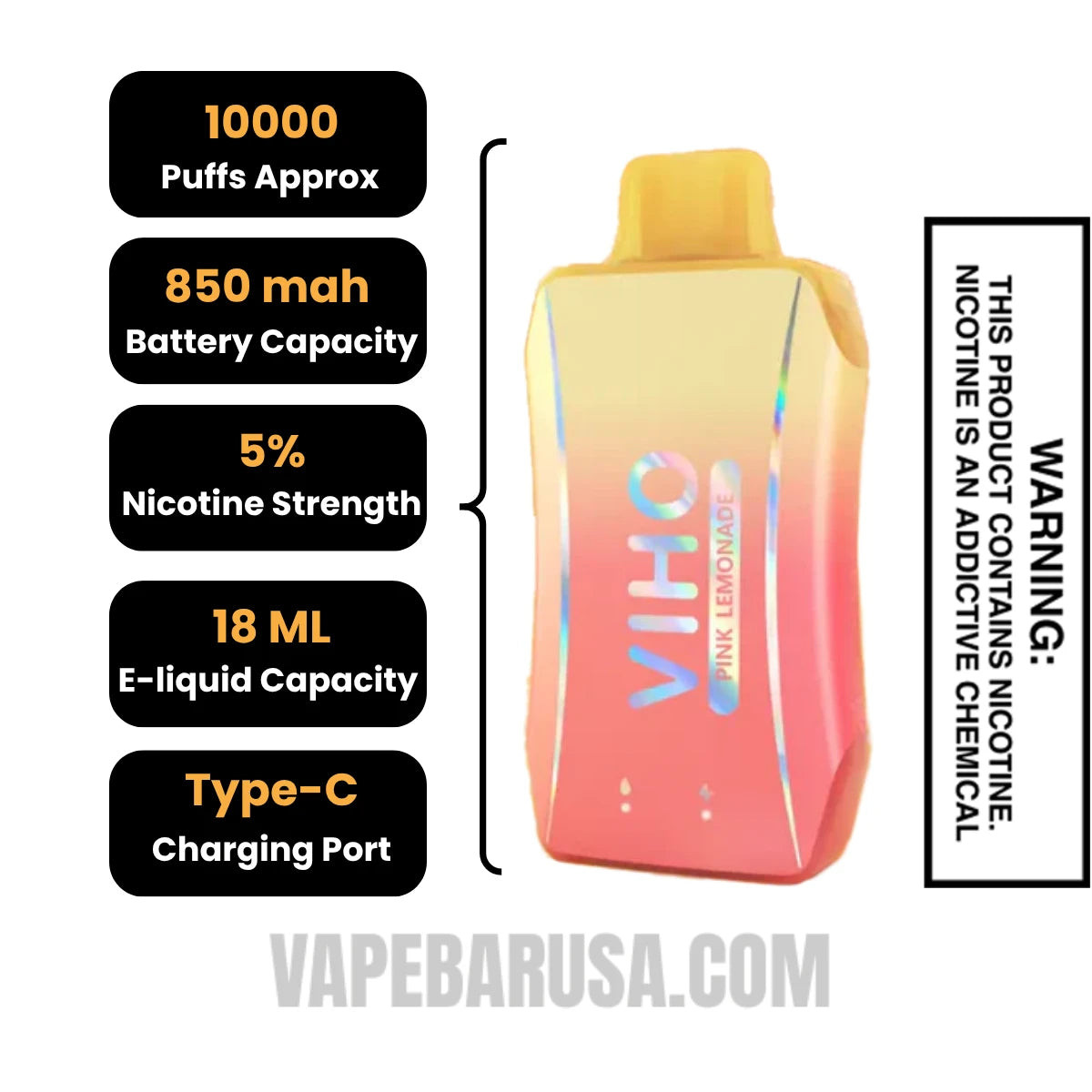 Pink Lemonade VIHO Turbo 10000 Puffs Vape Specifications