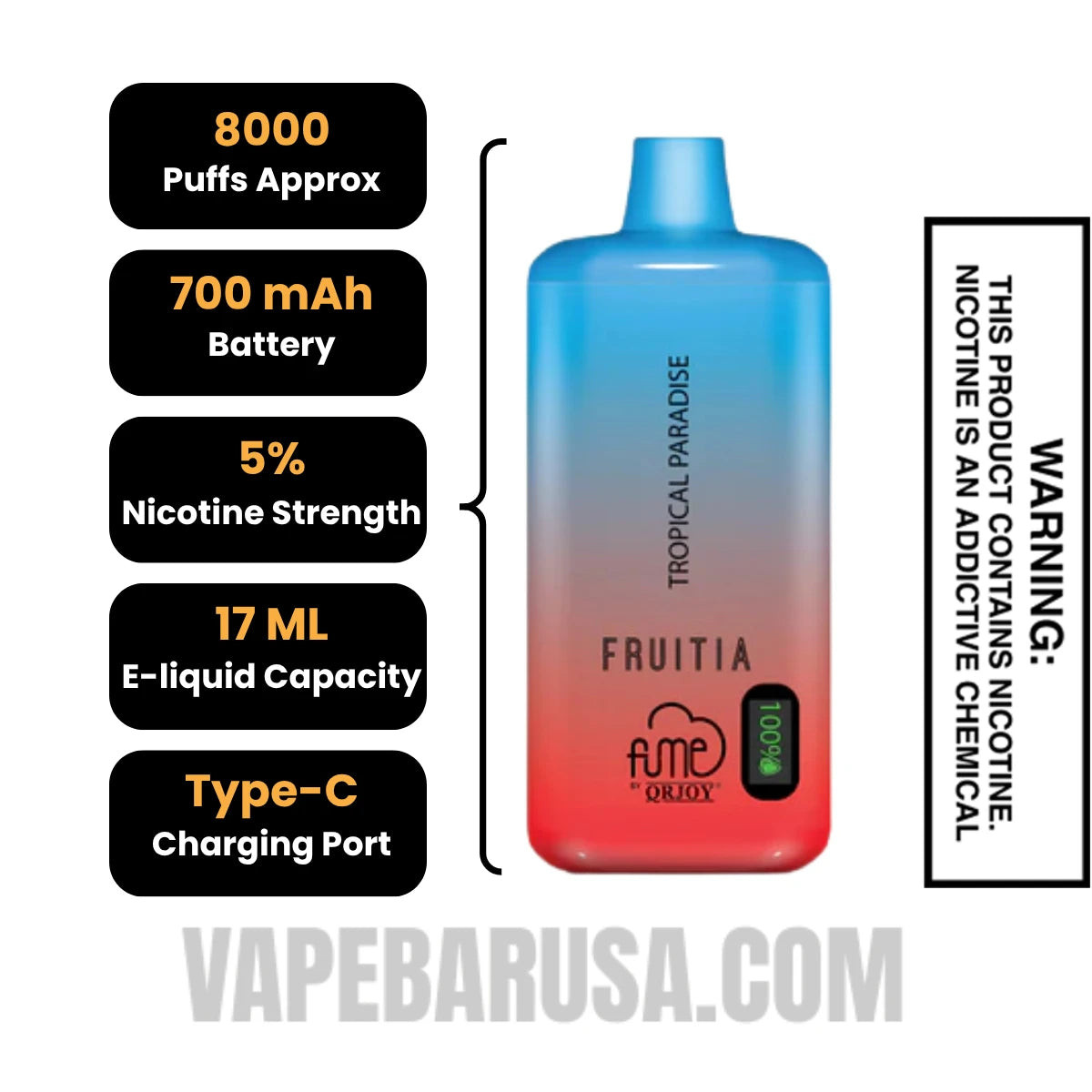 Tropical Paradise Fruitia X Fume Disposable Vape 8000 Puffs Specifications 