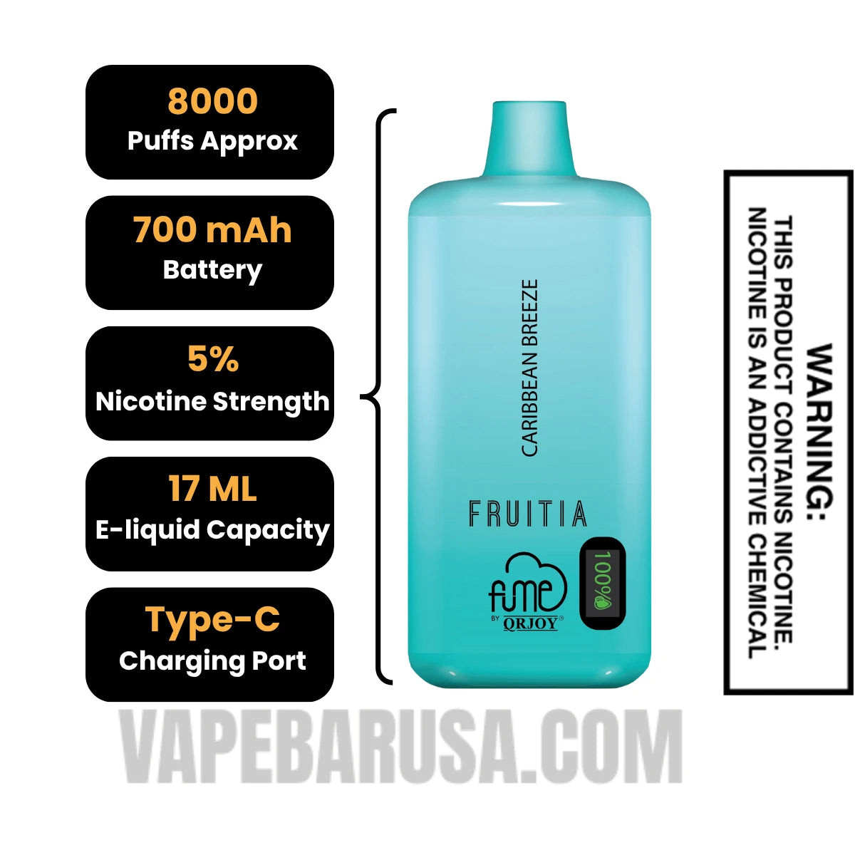 Carribean Breeze Fruitia X Fume Disposable Vape 8000 Puffs Specifications