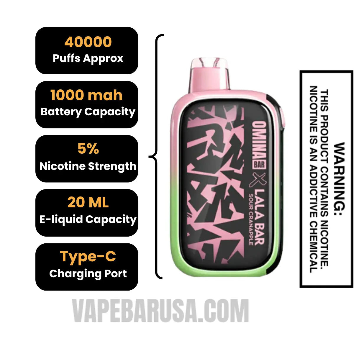 Sour Cranapple OMINA BAR X LALA BAR 40K Disposable Vape Specifications