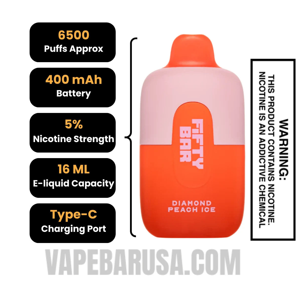 Diamond Peach Ice Fifty Bar Disposable Vape 6500 Puffs Specifications