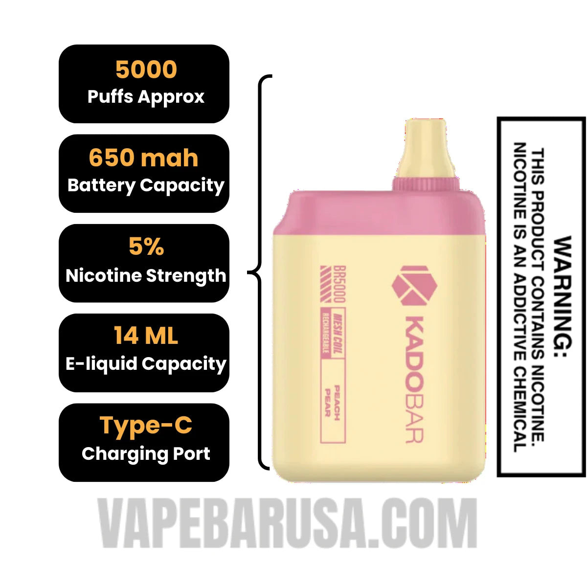 Peach Pear Kado Bar BR5000 Disposable Vape Specifications