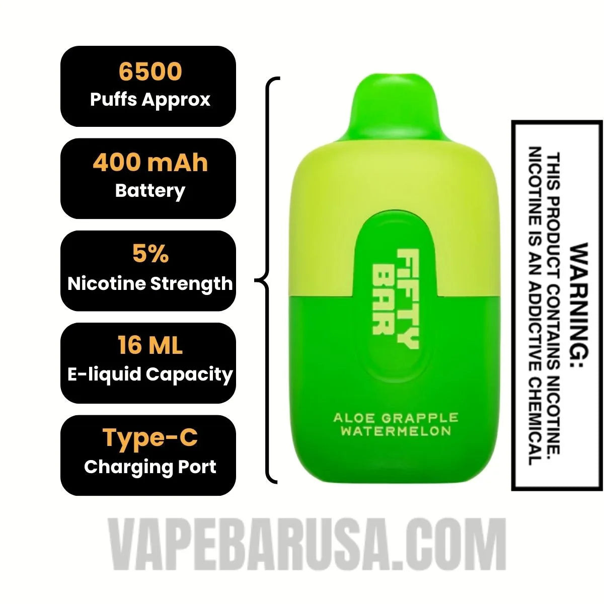 Aloe Grapple Watermelon Fifty Bar Disposable Vape 6500 Puffs Specifications