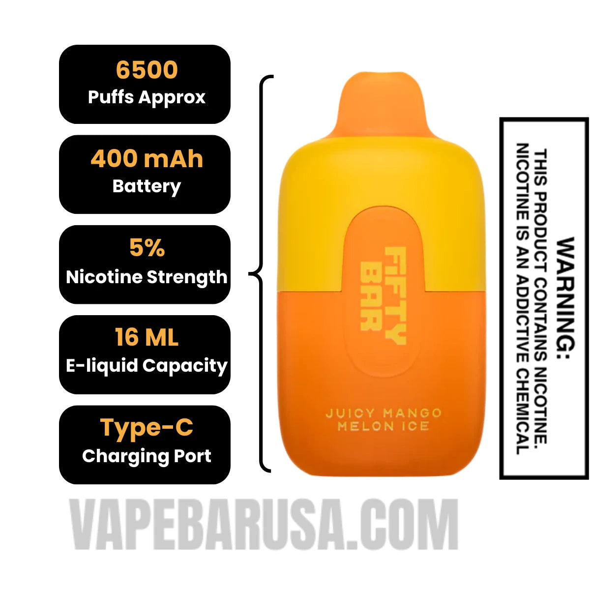 Juicy Mango Melon Ice Fifty Bar Disposable Vape 6500 Puffs Specifications