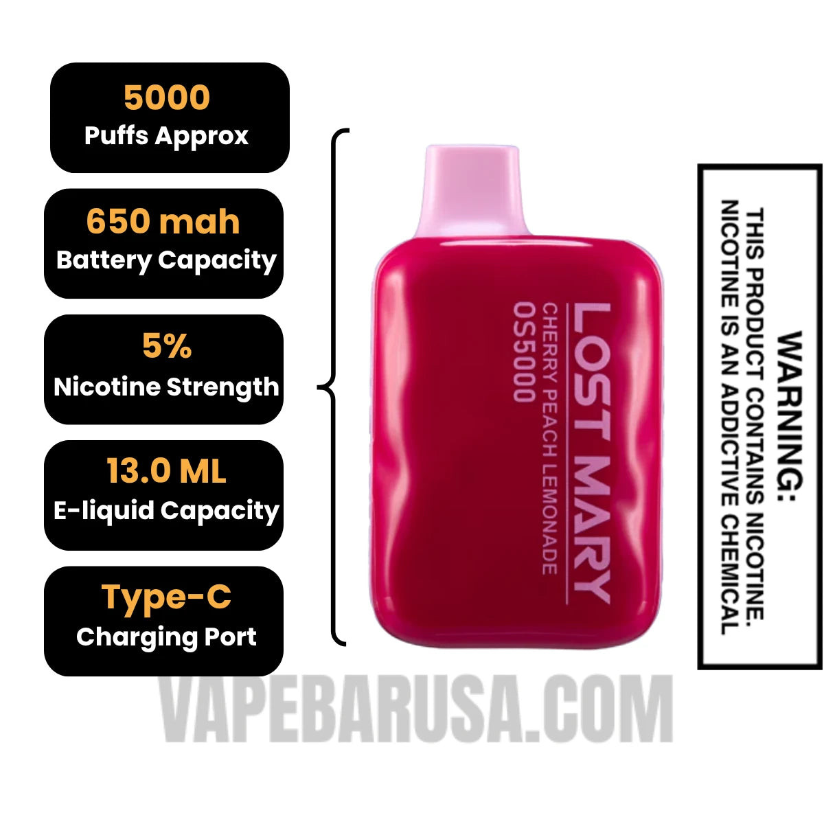 Cherry Peach Lemonade Lost Mary OS5000 Vape Specifications