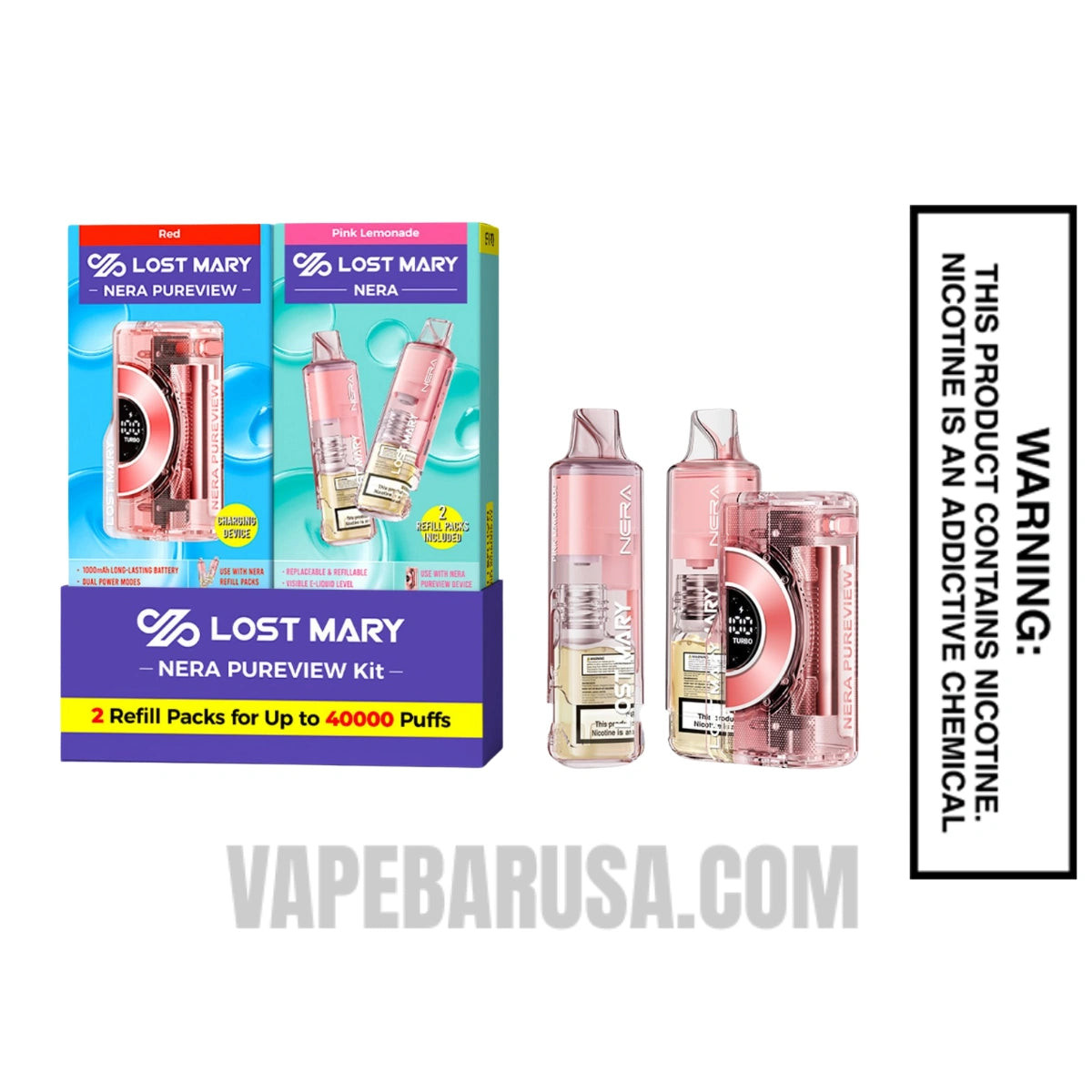 Pink Lemonade Lost Mary Nera Pureview 40K Vape Kit With Package Box