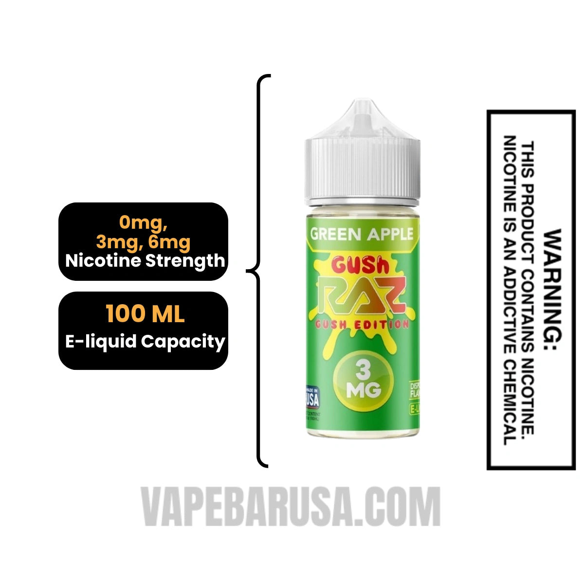 Green Apple Gush RAZ Vape Juice 100 ML Specifications