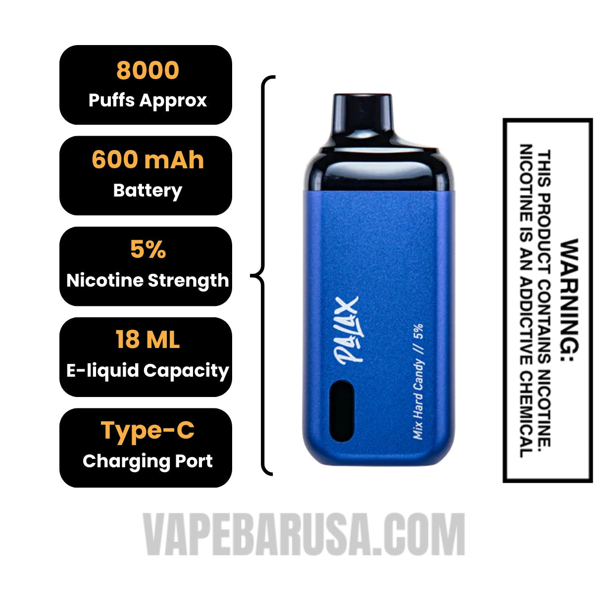 Mix Hard Candy Palax KC8000 Disposable Vape - Final Sale Specifications