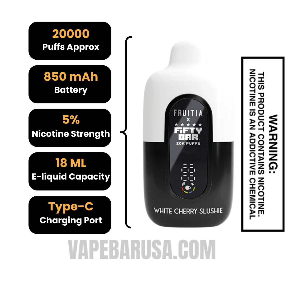 White Cherry Slushie Fruitia X Fifty Bar 20K Disposable Vape Specifications