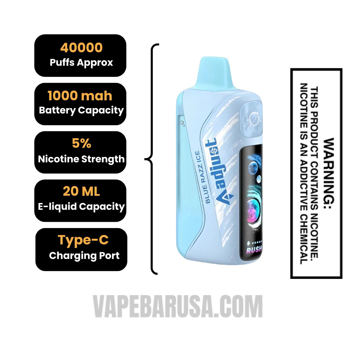 Blue Razz Ice Adjust MyRusher 40K Disposable Vape Specifications