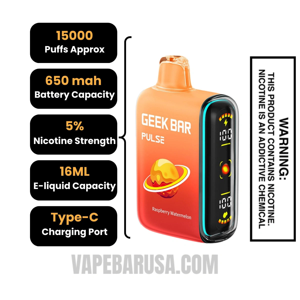 Raspberry Watermelon Geek Bar Pulse Disposable Vape Specifications