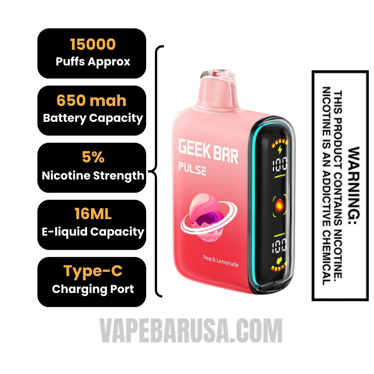 Peach Lemonade Geek Bar Pulse Disposable Vape Specifications