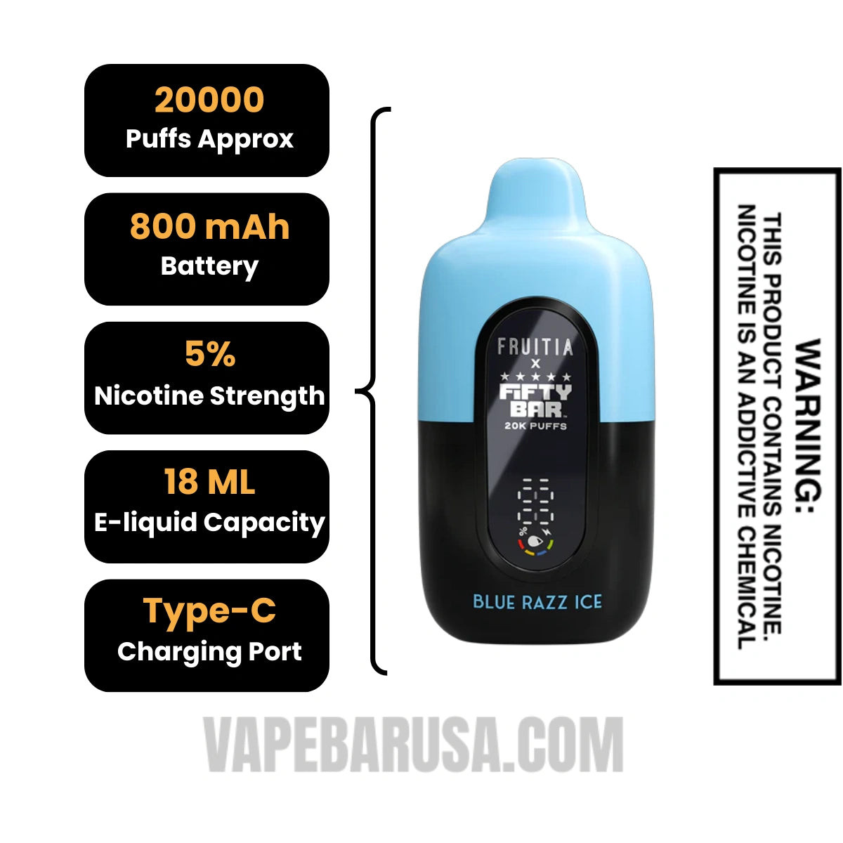 Blue Razz Ice Fruitia X Fifty Bar 20K Disposable Vape Specifications